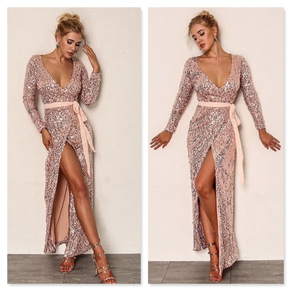 Pink Plunging V-Neck Sequin Wrap Belted Maxi Dress - Picture 3 of 13